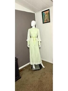 1970's Prairie Maxi Dress White Lace over Green Lining Handmade size Large